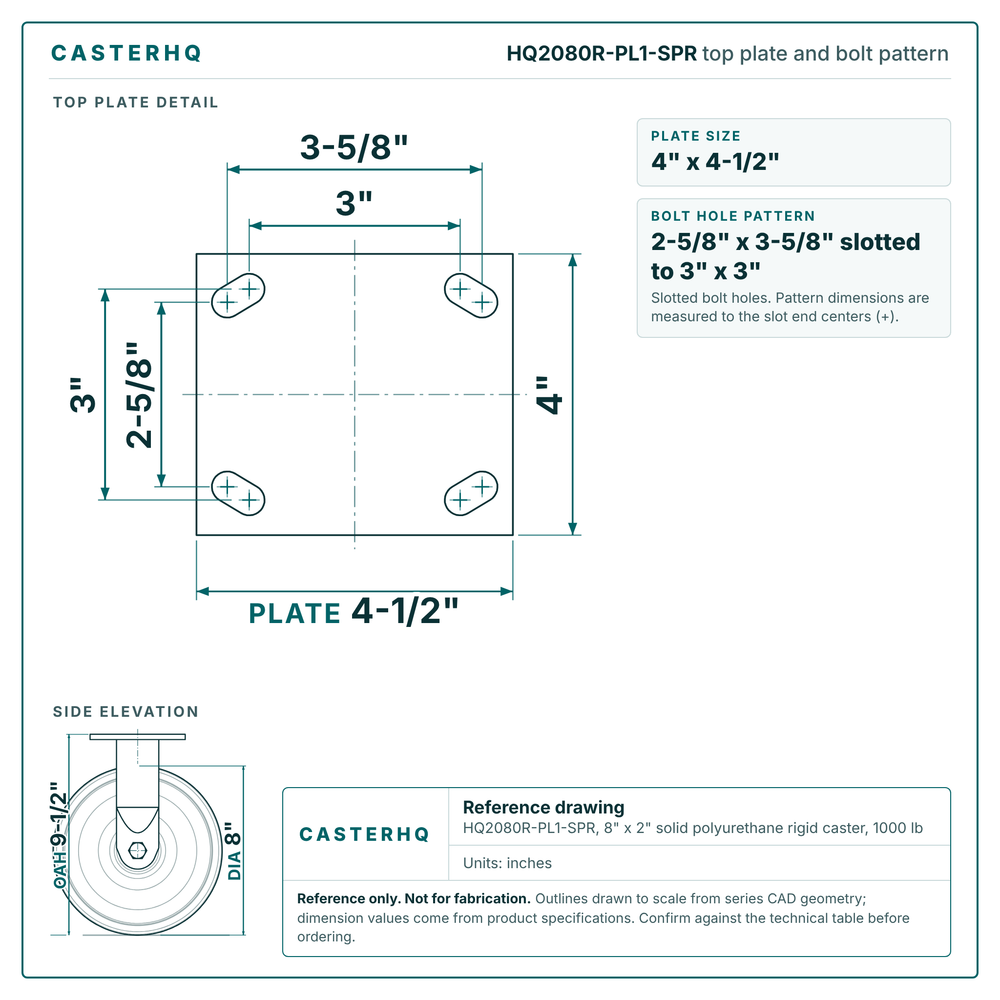 HQ2080R-PL1-SPR top plate bolt pattern drawing, 4 x 4-1/2 in plate, slotted bolt holes