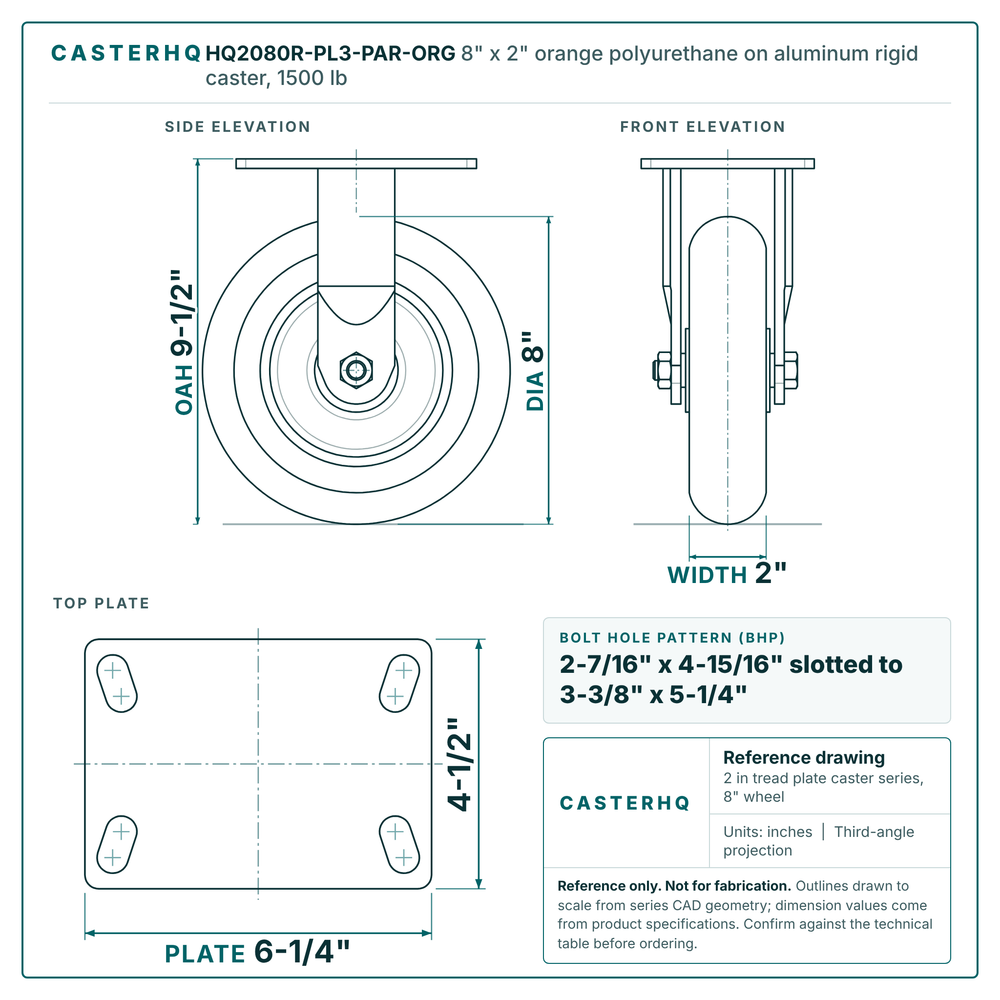 HQ2080R-PL3-PAR-ORG 8 x 2 in orange polyurethane on aluminum rigid caster reference drawing, side, front and top plate views with dimensions