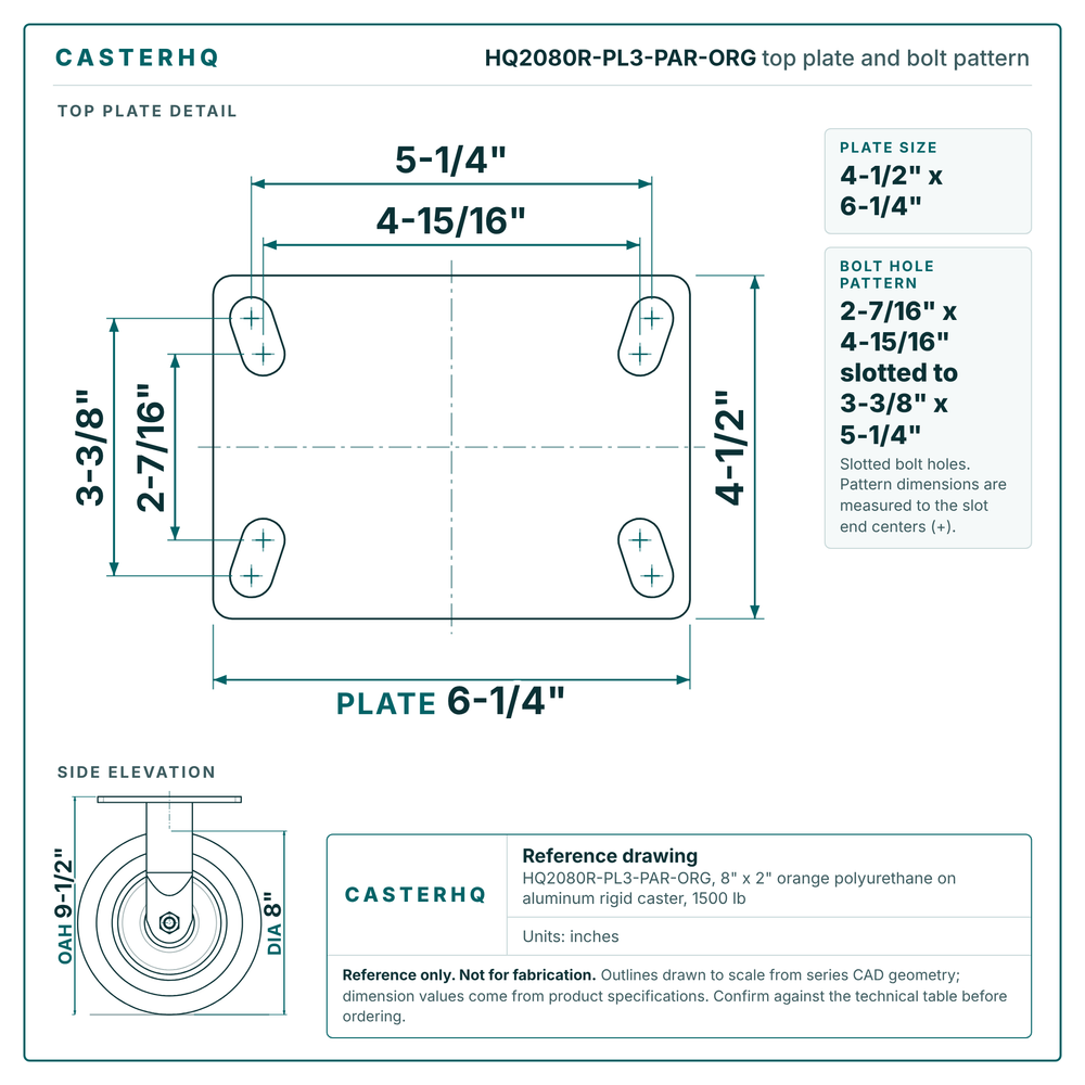 HQ2080R-PL3-PAR-ORG top plate bolt pattern drawing, 4-1/2 x 6-1/4 in plate, slotted bolt holes