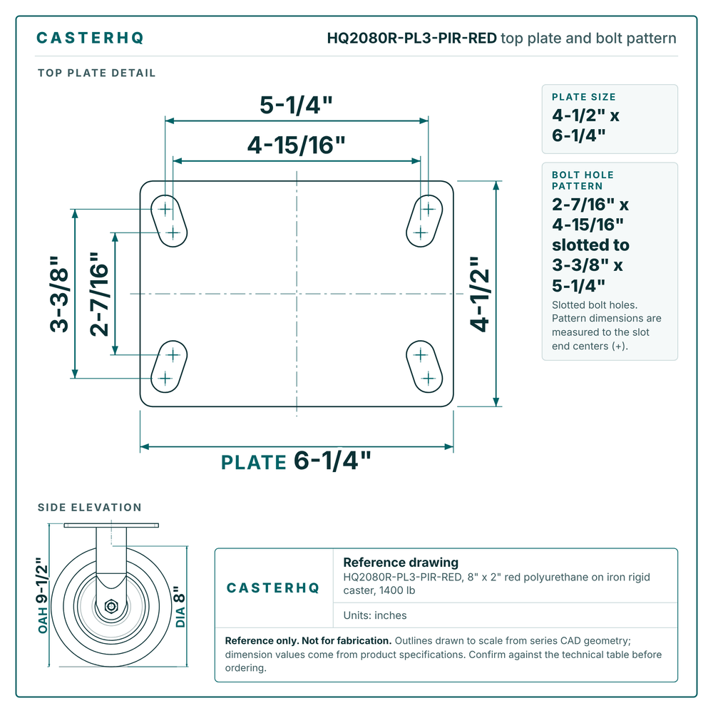 HQ2080R-PL3-PIR-RED top plate bolt pattern drawing, 4-1/2 x 6-1/4 in plate, slotted bolt holes