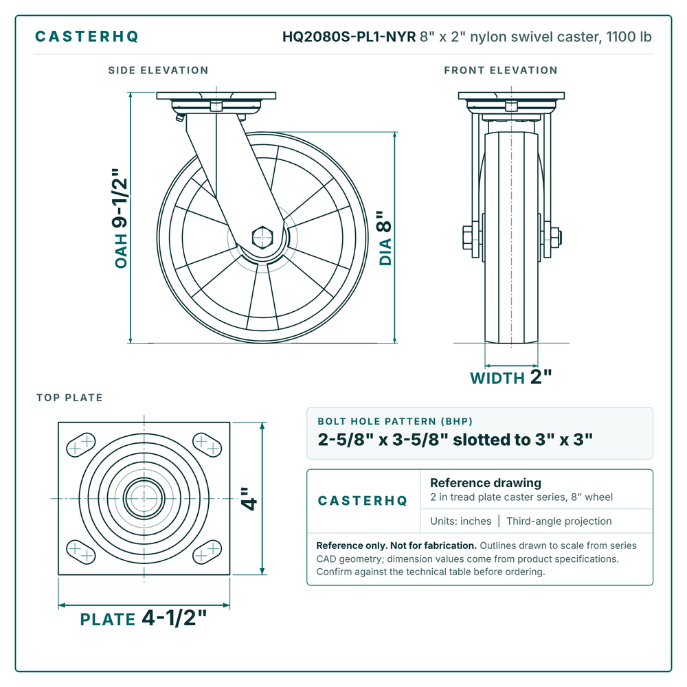 HQ2080S-PL1-NYR 8 x 2 in nylon swivel caster reference drawing, side, front and top plate views with dimensions