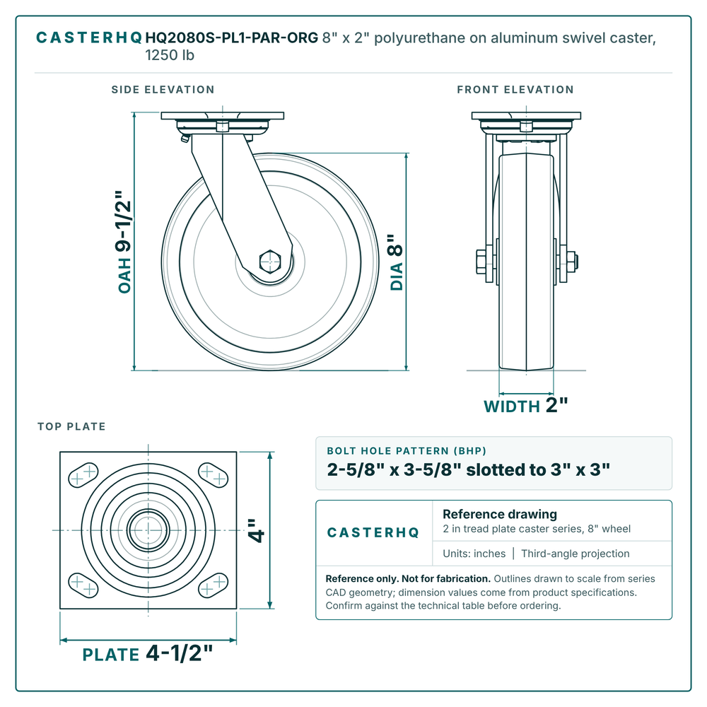 HQ2080S-PL1-PAR-ORG 8 x 2 in polyurethane on aluminum swivel caster reference drawing, side, front and top plate views with dimensions