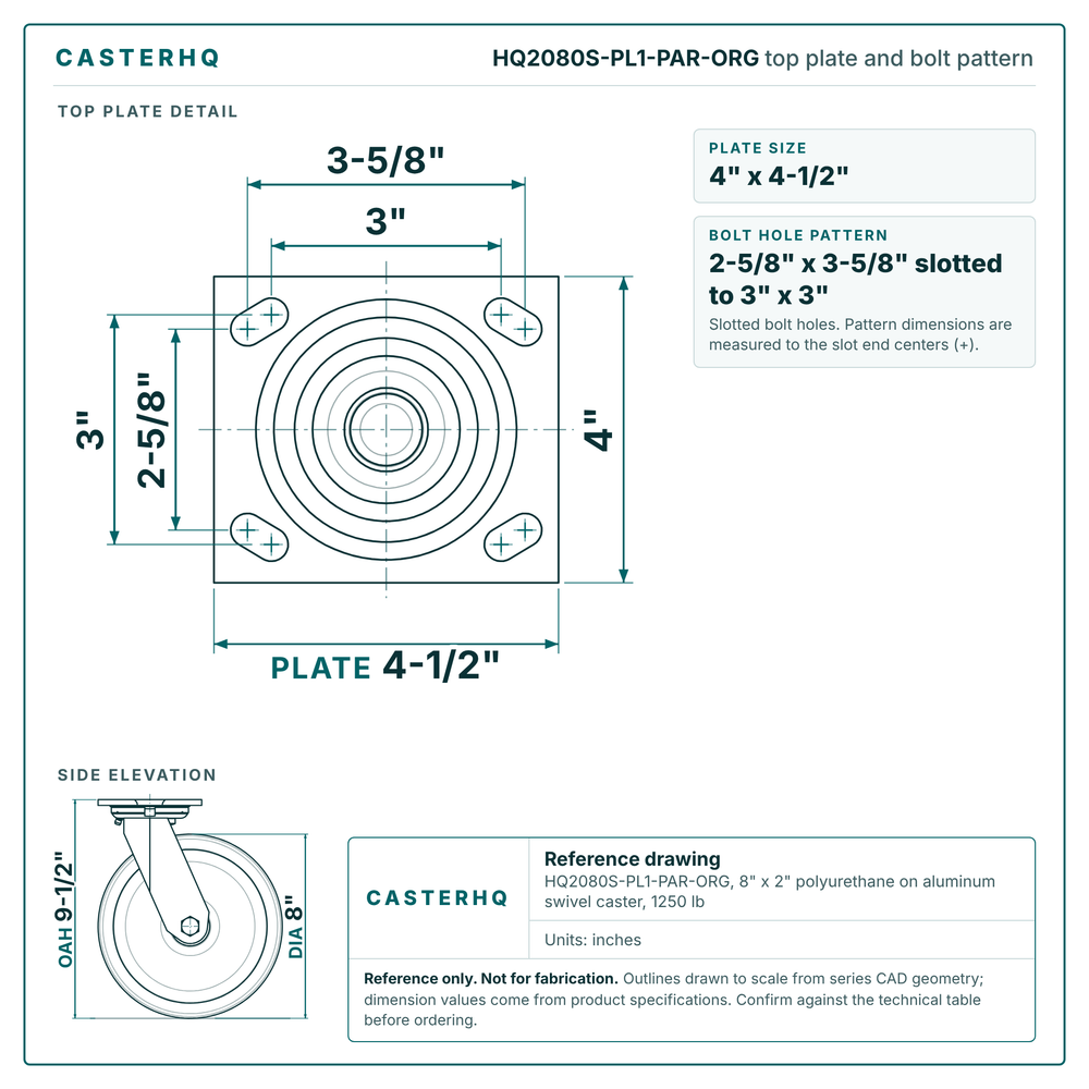 HQ2080S-PL1-PAR-ORG top plate bolt pattern drawing, 4 x 4-1/2 in plate, slotted bolt holes