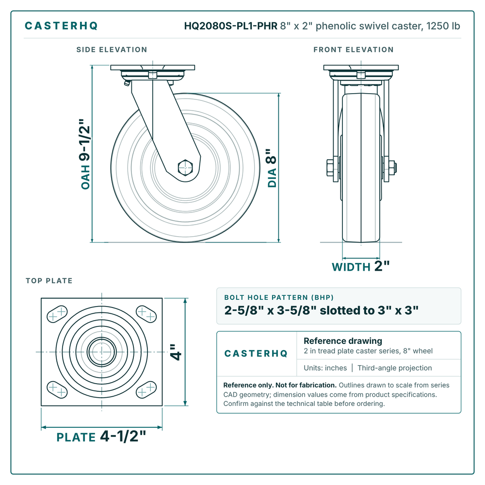 HQ2080S-PL1-PHR 8 x 2 in phenolic swivel caster reference drawing, side, front and top plate views with dimensions