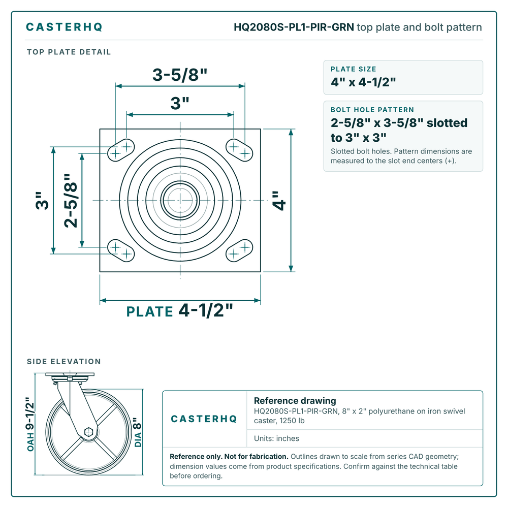 HQ2080S-PL1-PIR-GRN top plate bolt pattern drawing, 4 x 4-1/2 in plate, slotted bolt holes