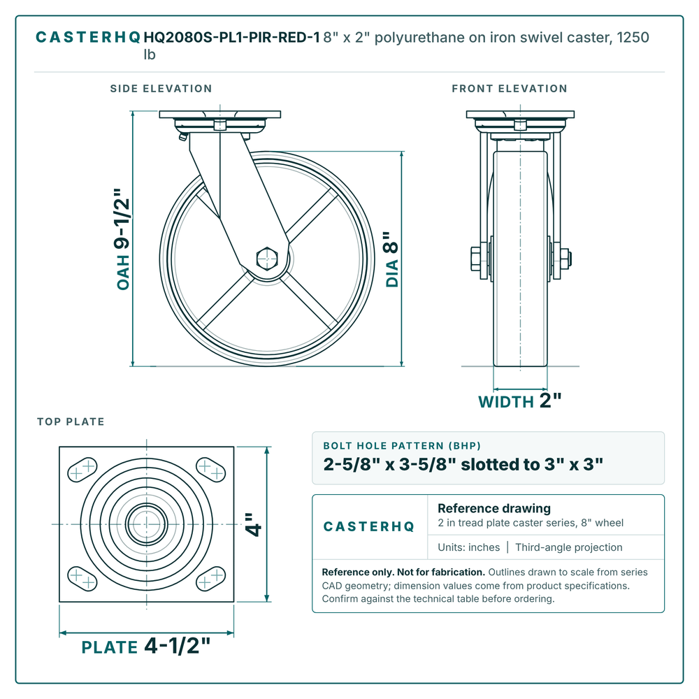 HQ2080S-PL1-PIR-RED-1 8 x 2 in polyurethane on iron swivel caster reference drawing, side, front and top plate views with dimensions