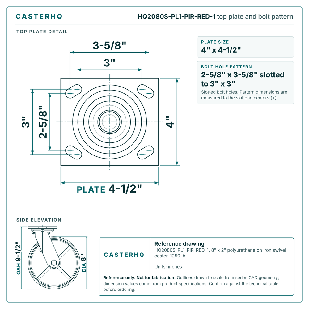 HQ2080S-PL1-PIR-RED-1 top plate bolt pattern drawing, 4 x 4-1/2 in plate, slotted bolt holes
