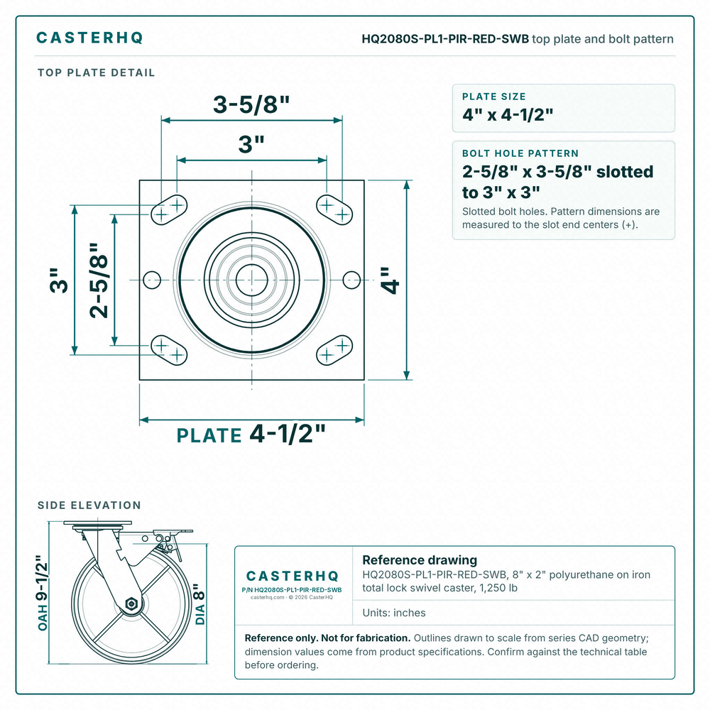 HQ2080S-PL1-PIR-RED-SWB top plate bolt pattern drawing, 4 x 4-1/2 in plate, slotted bolt holes