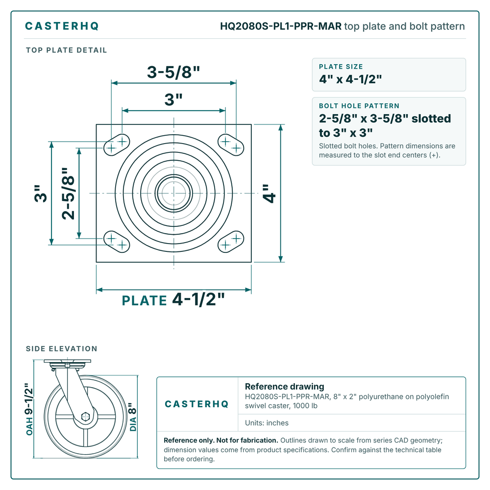 HQ2080S-PL1-PPR-MAR top plate bolt pattern drawing, 4 x 4-1/2 in plate, slotted bolt holes