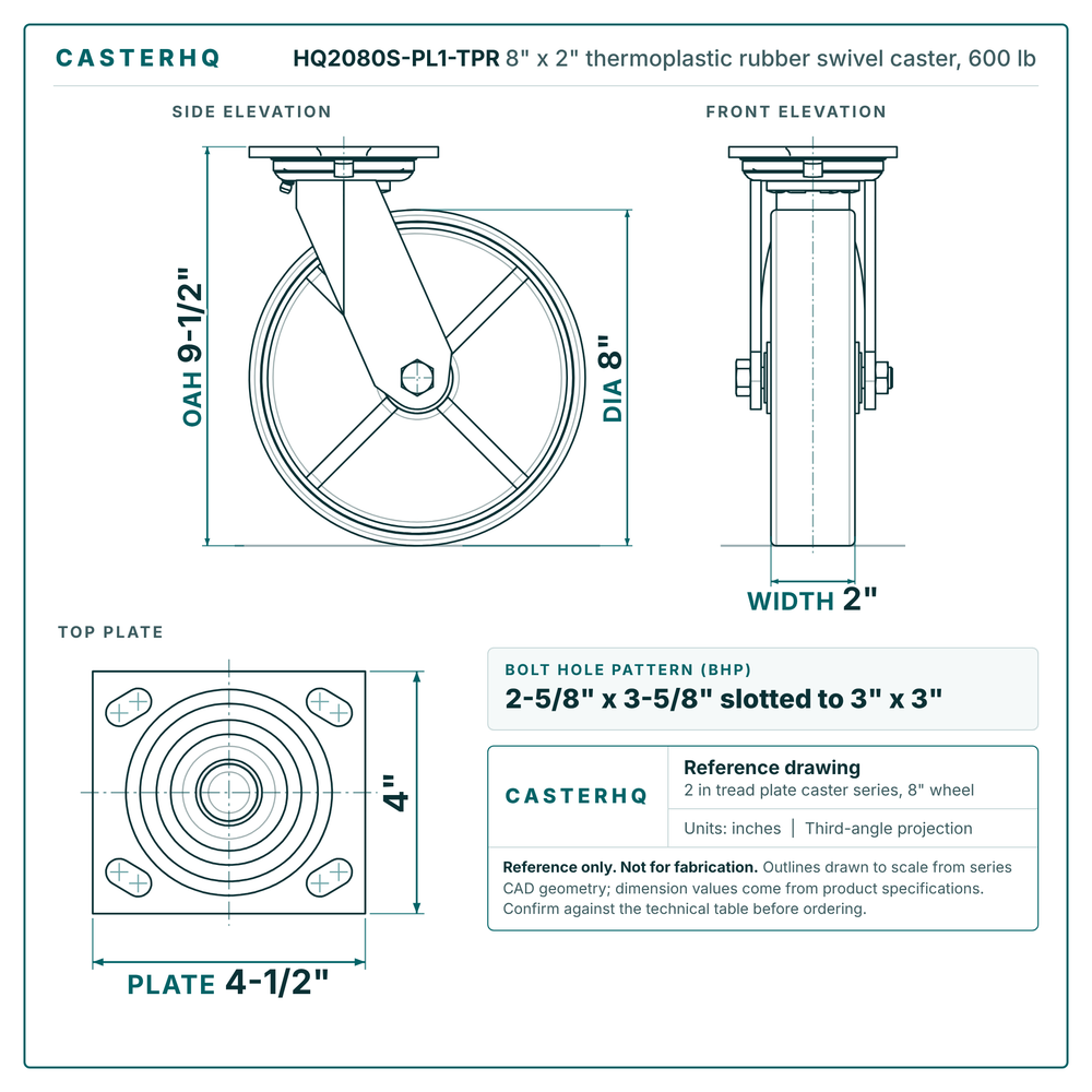 HQ2080S-PL1-TPR 8 x 2 in thermoplastic rubber swivel caster reference drawing, side, front and top plate views with dimensions