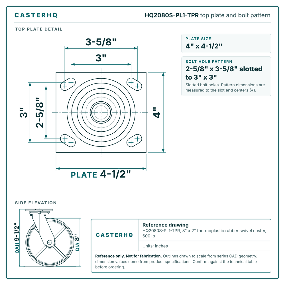 HQ2080S-PL1-TPR top plate bolt pattern drawing, 4 x 4-1/2 in plate, slotted bolt holes