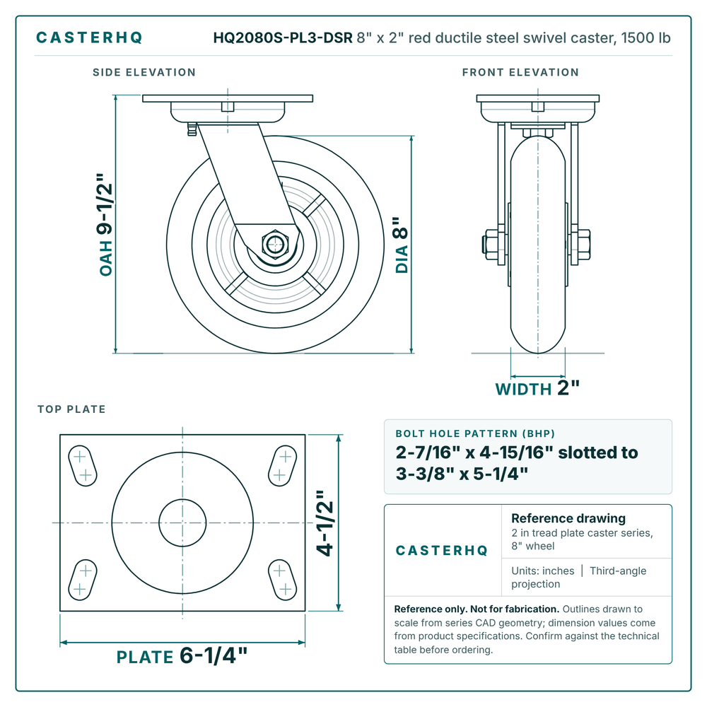 HQ2080S-PL3-DSR 8 x 2 in red ductile steel swivel caster reference drawing, side, front and top plate views with dimensions