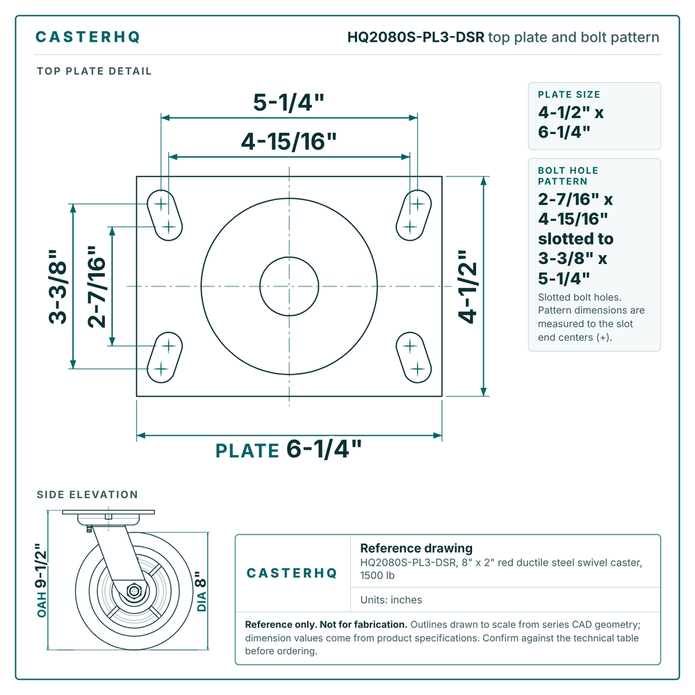 HQ2080S-PL3-DSR top plate bolt pattern drawing, 4-1/2 x 6-1/4 in plate, slotted bolt holes
