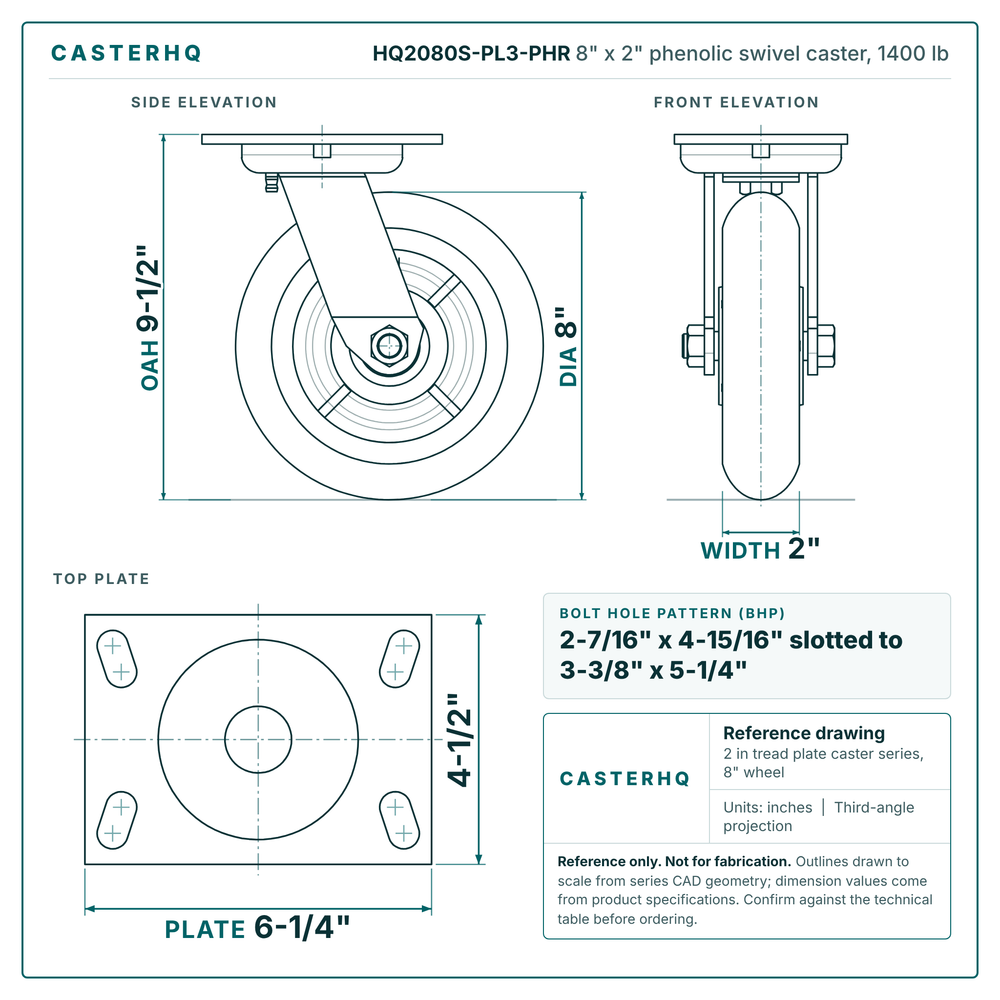 HQ2080S-PL3-PHR 8 x 2 in phenolic swivel caster reference drawing, side, front and top plate views with dimensions