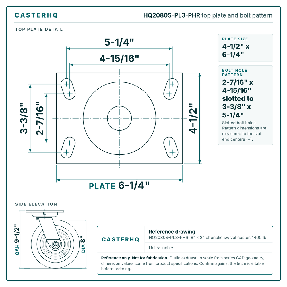 HQ2080S-PL3-PHR top plate bolt pattern drawing, 4-1/2 x 6-1/4 in plate, slotted bolt holes
