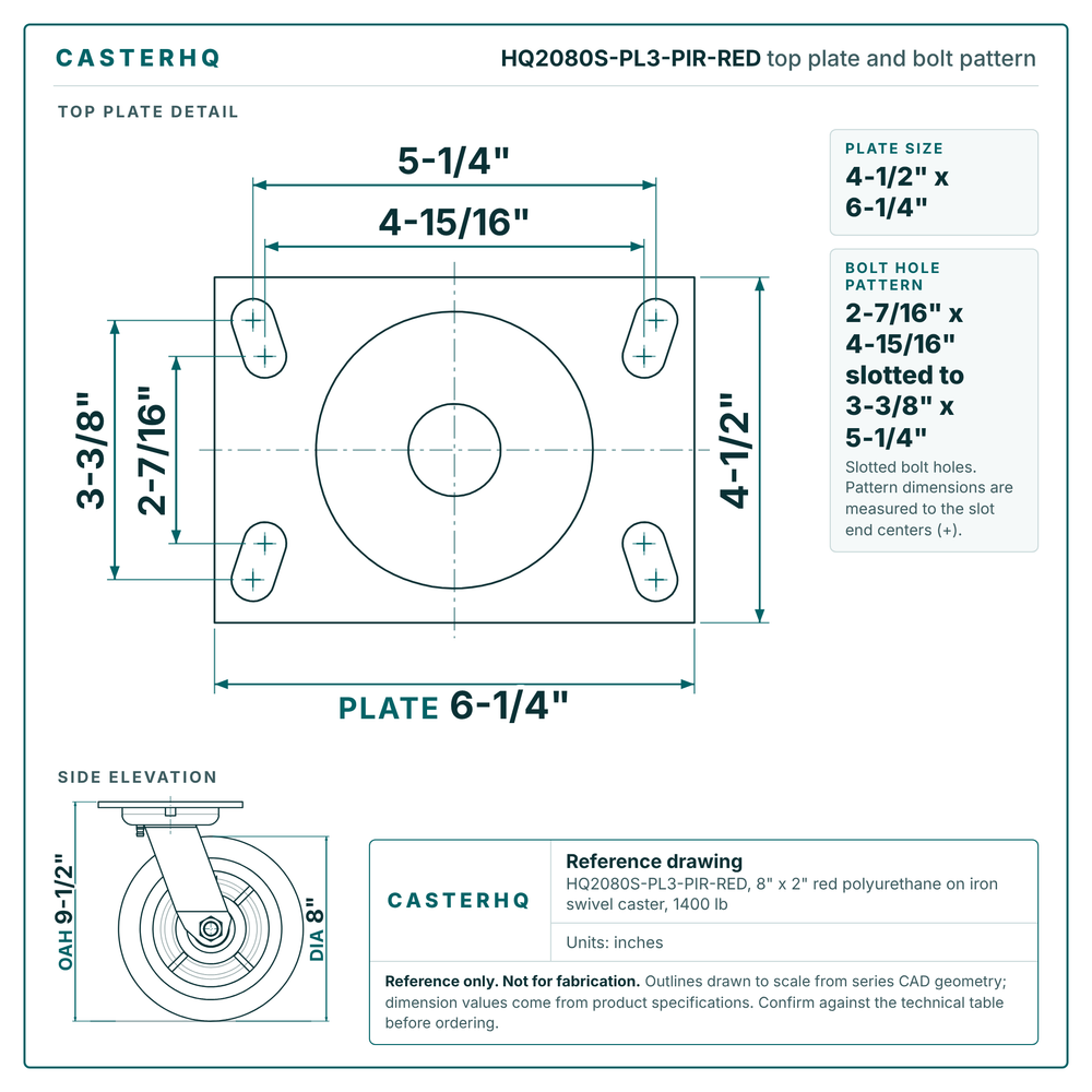 HQ2080S-PL3-PIR-RED top plate bolt pattern drawing, 4-1/2 x 6-1/4 in plate, slotted bolt holes