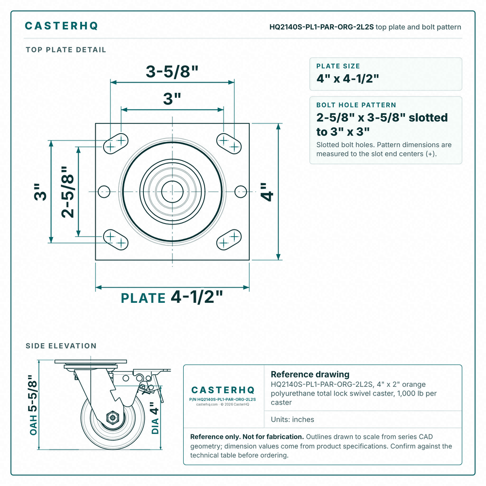 HQ2140S-PL1-PAR-ORG-2L2S top plate bolt pattern drawing, 4 x 4-1/2 in plate, slotted bolt holes