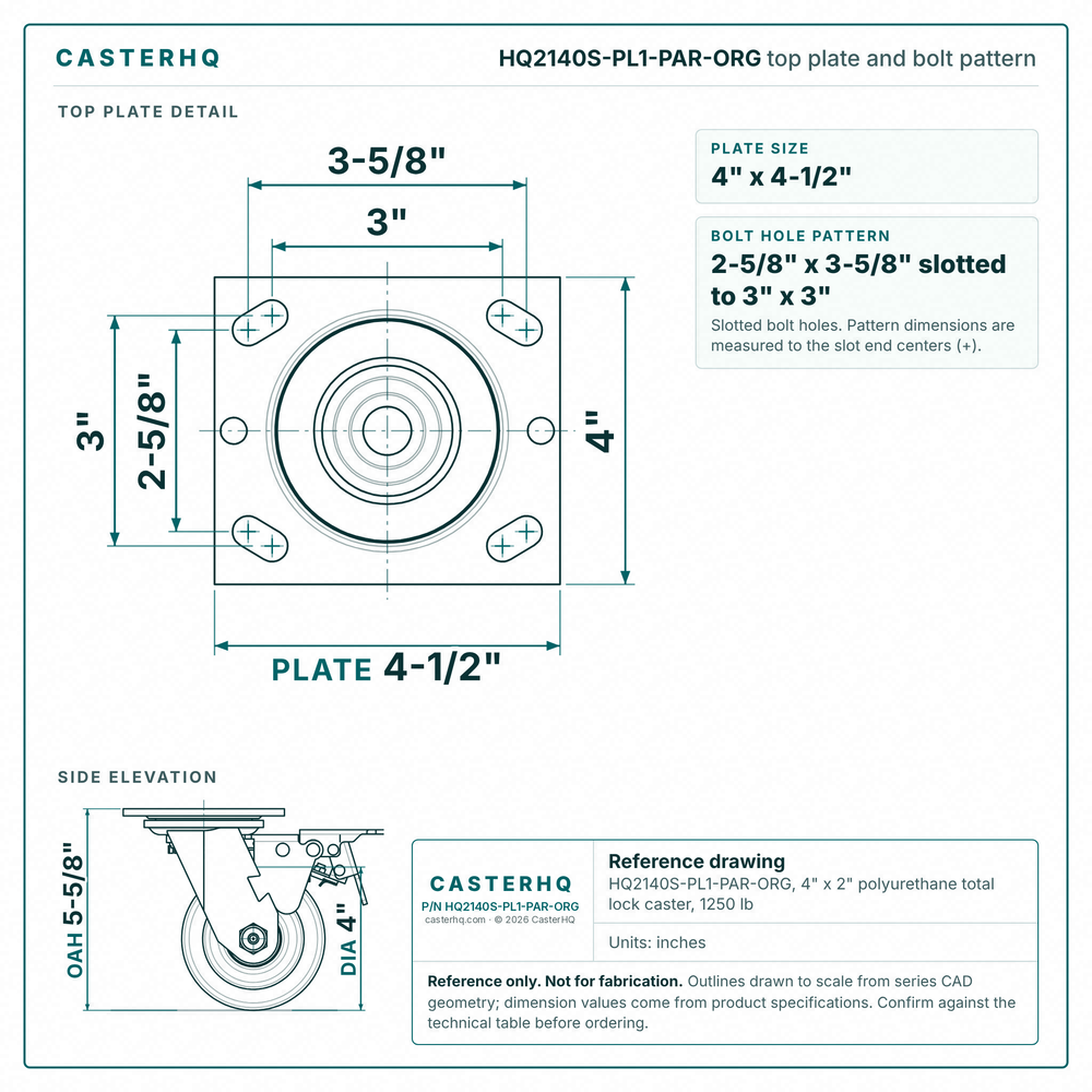 HQ2140S-PL1-PAR-ORG top plate bolt pattern drawing, 4 x 4-1/2 in plate, slotted bolt holes