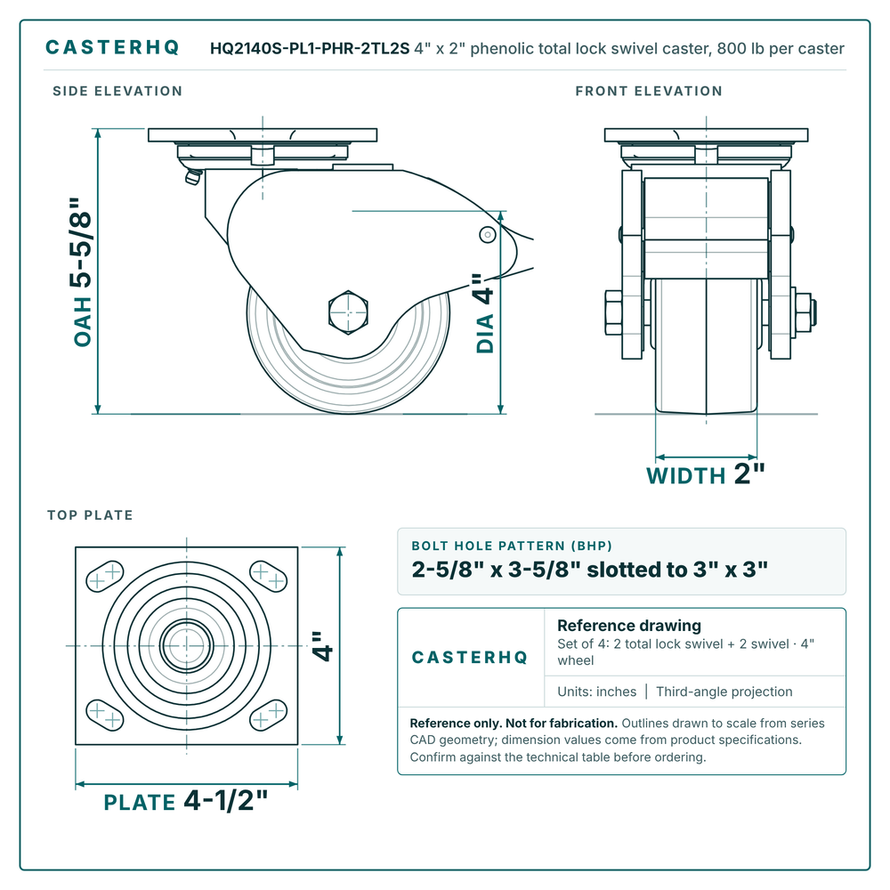 HQ2140S-PL1-PHR-2TL2S 4 x 2 in phenolic total lock swivel caster reference drawing, 800 lb per caster (set of 4: 2 total lock swivel + 2 swivel), side, front and top plate views with dimensions