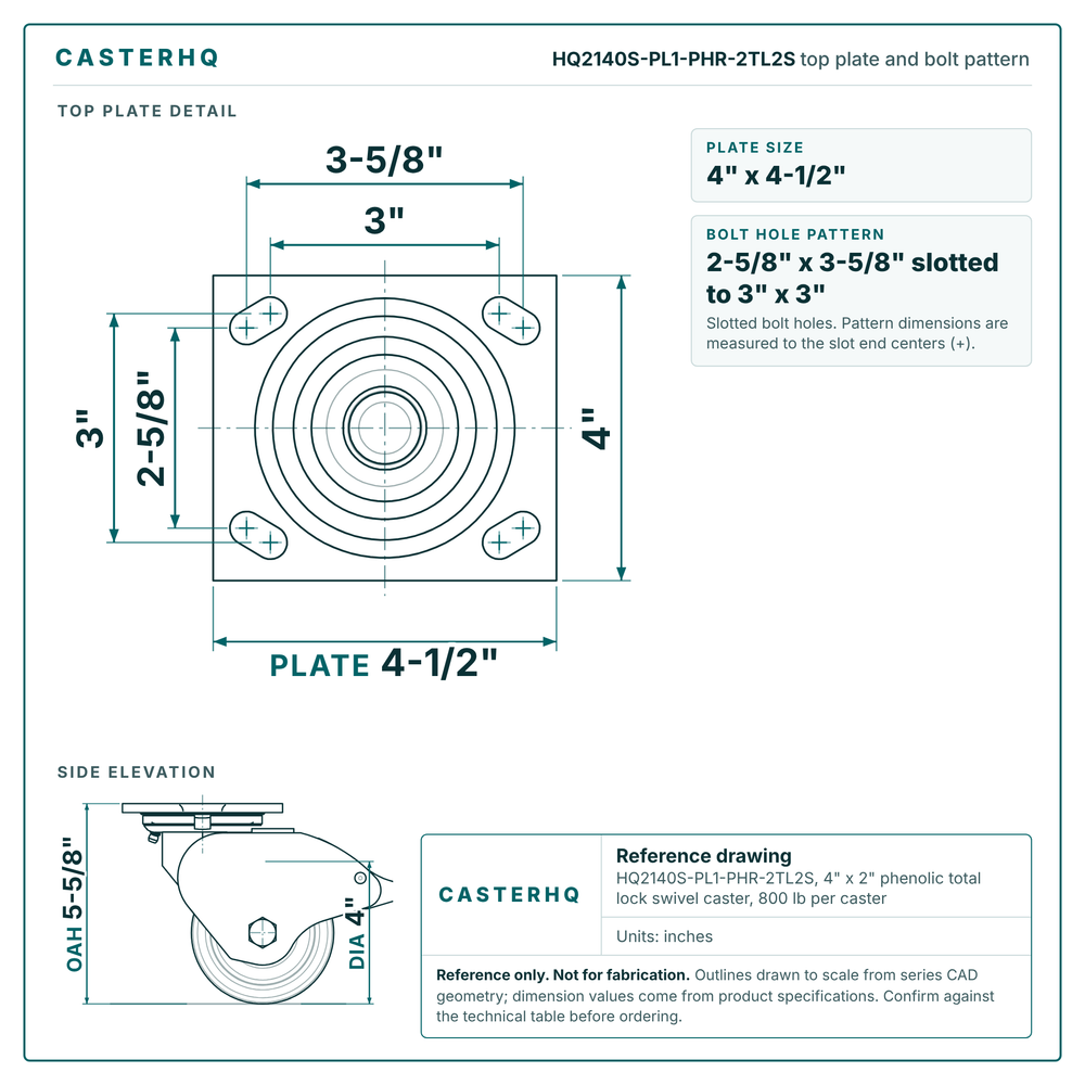HQ2140S-PL1-PHR-2TL2S top plate bolt pattern drawing, 4 x 4-1/2 in plate, slotted bolt holes