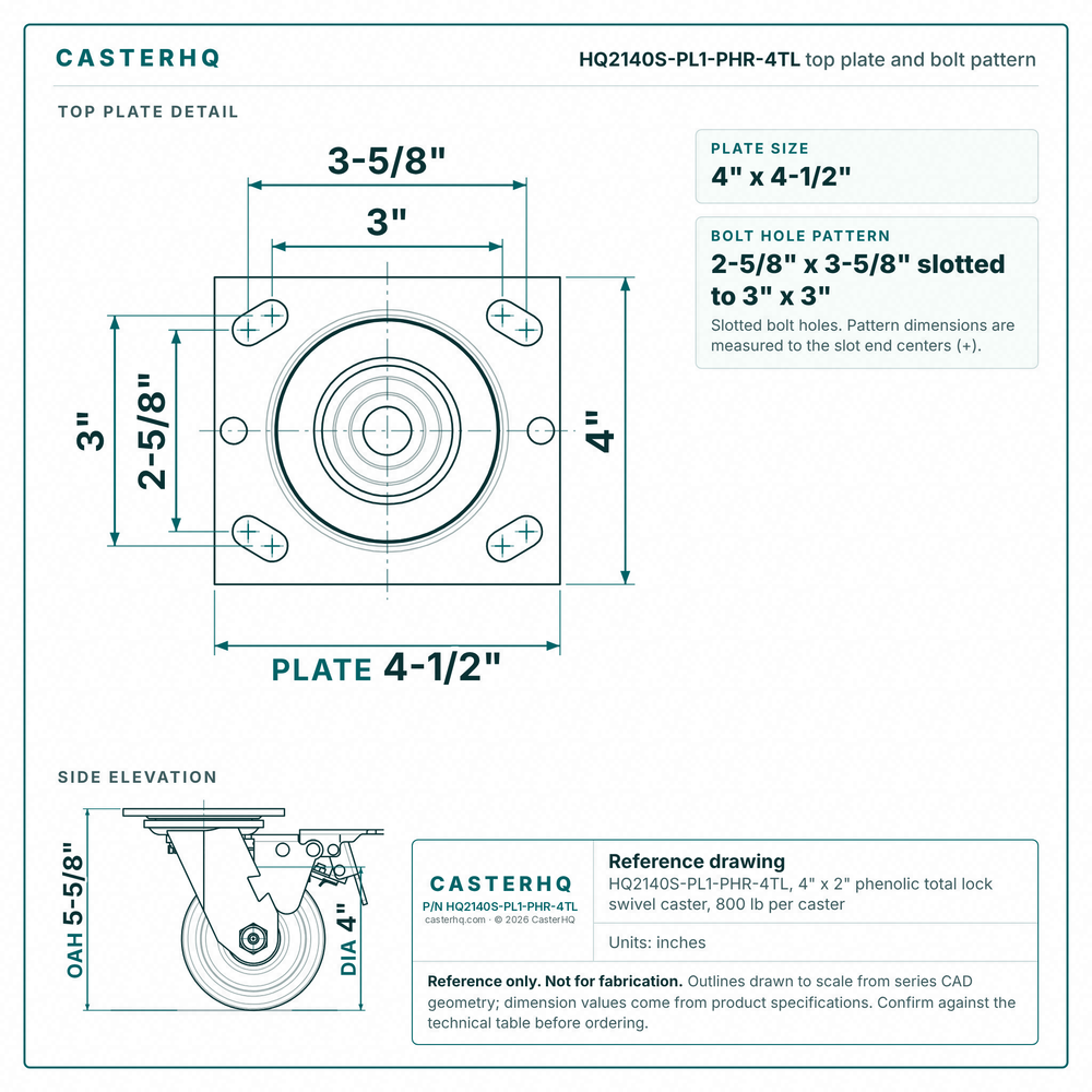HQ2140S-PL1-PHR-4TL top plate bolt pattern drawing, 4 x 4-1/2 in plate, slotted bolt holes