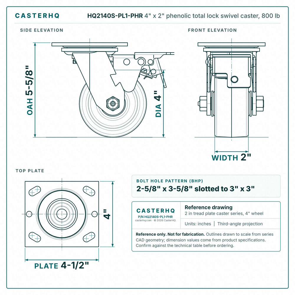 HQ2140S-PL1-PHR 4 x 2 in phenolic total lock swivel caster reference drawing, side, front and top plate views with dimensions