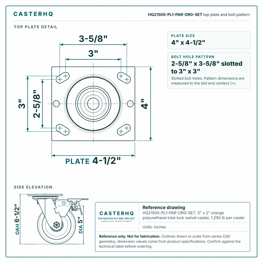 HQ2150S-PL1-PAR-ORG-SET top plate bolt pattern drawing, 4 x 4-1/2 in plate, slotted bolt holes