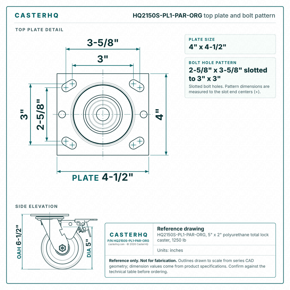HQ2150S-PL1-PAR-ORG top plate bolt pattern drawing, 4 x 4-1/2 in plate, slotted bolt holes