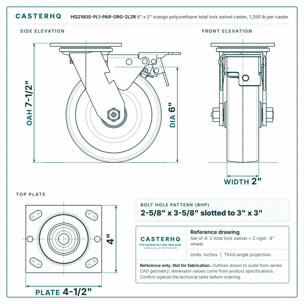 HQ2160S-PL1-PAR-ORG-2L2R 6 x 2 in orange polyurethane total lock swivel caster reference drawing, 1,250 lb per caster (set of 4: 2 total lock swivel + 2 rigid), side, front and top plate views with dimensions