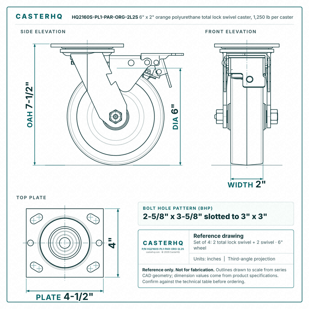 HQ2160S-PL1-PAR-ORG-2L2S 6 x 2 in orange polyurethane total lock swivel caster reference drawing, 1,250 lb per caster (set of 4: 2 total lock swivel + 2 swivel), side, front and top plate views with dimensions