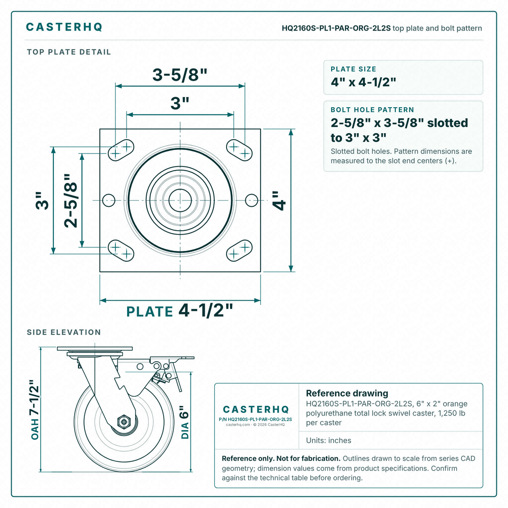 HQ2160S-PL1-PAR-ORG-2L2S top plate bolt pattern drawing, 4 x 4-1/2 in plate, slotted bolt holes