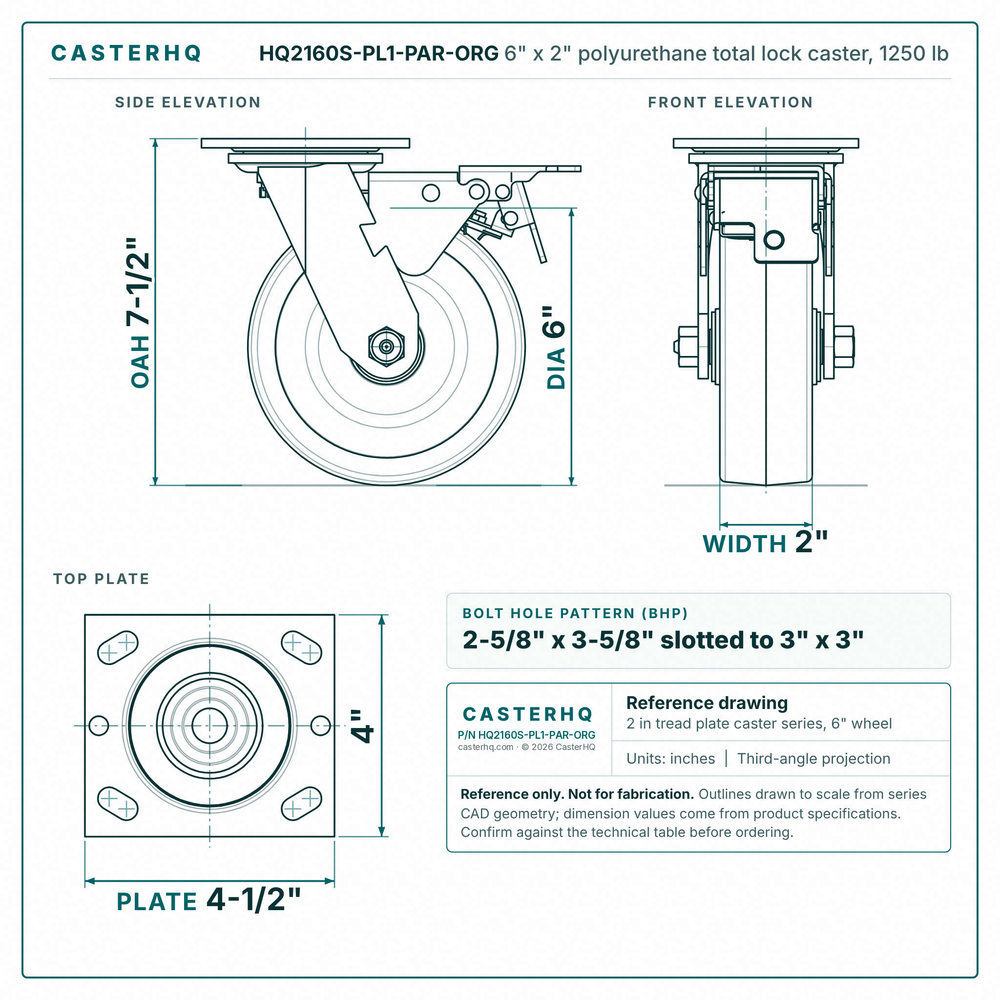 HQ2160S-PL1-PAR-ORG 6 x 2 in orange polyurethane total lock swivel caster reference drawing, side, front and top plate views with dimensions