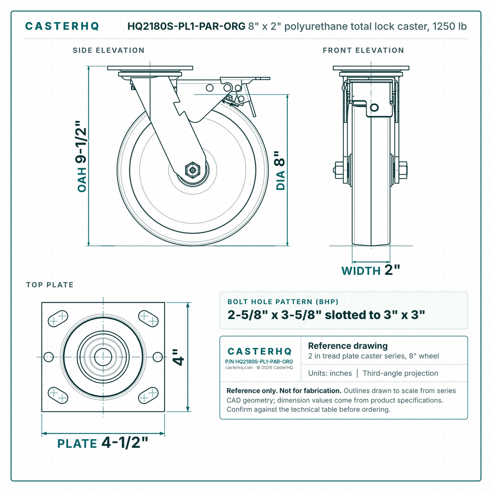 HQ2180S-PL1-PAR-ORG 8 x 2 in orange polyurethane total lock swivel caster reference drawing, side, front and top plate views with dimensions