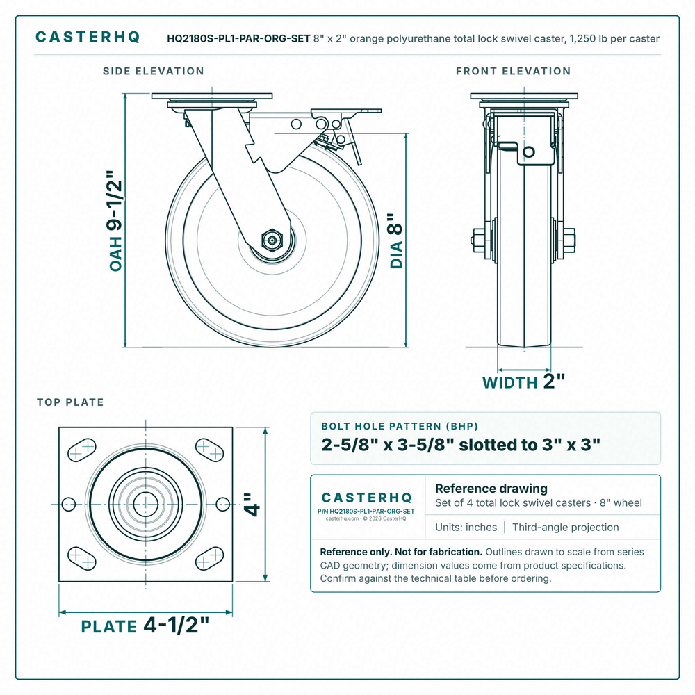 HQ2180S-PL1-PAR-ORG-SET 8 x 2 in orange polyurethane total lock swivel caster reference drawing, 1,250 lb per caster (set of 4 total lock swivel casters), side, front and top plate views with dimensions