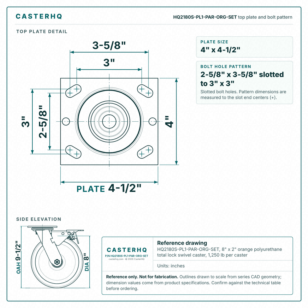 HQ2180S-PL1-PAR-ORG-SET top plate bolt pattern drawing, 4 x 4-1/2 in plate, slotted bolt holes