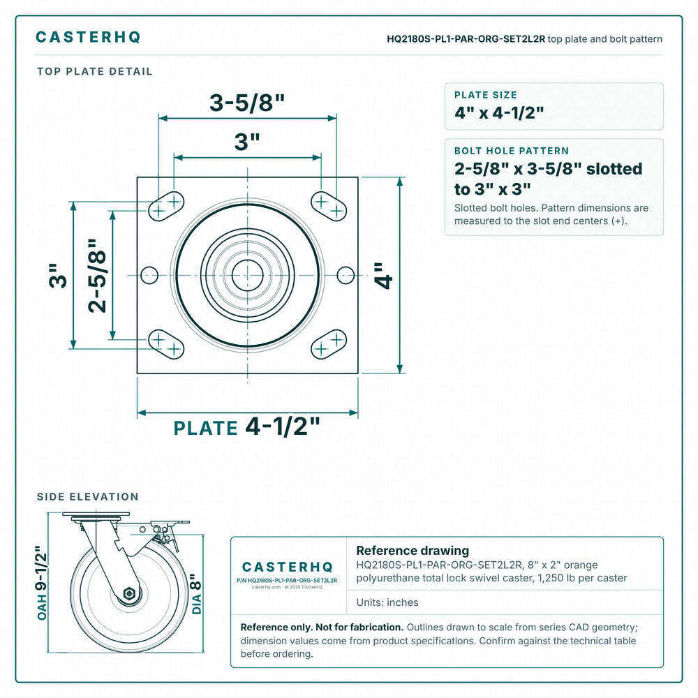 HQ2180S-PL1-PAR-ORG-SET2L2R top plate bolt pattern drawing, 4 x 4-1/2 in plate, slotted bolt holes