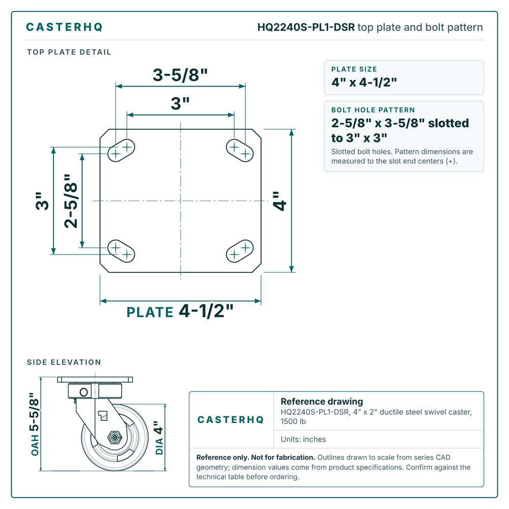 HQ2240S-PL1-DSR top plate bolt pattern drawing, 4 x 4-1/2 in plate, slotted bolt holes