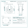HQ2250R-PL1-DSR 5 x 2 in ductile steel rigid caster reference drawing, side, front and top plate views with dimensions