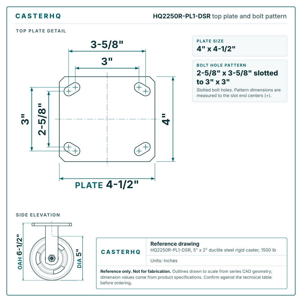 HQ2250R-PL1-DSR top plate bolt pattern drawing, 4 x 4-1/2 in plate, slotted bolt holes