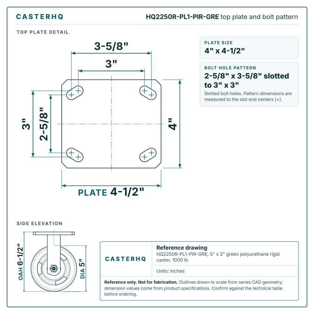 HQ2250R-PL1-PIR-GRE top plate bolt pattern drawing, 4 x 4-1/2 in plate, slotted bolt holes