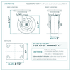 HQ2250S-PL1-SSR 5 x 2 in semi-steel swivel caster reference drawing, side, front and top plate views with dimensions