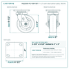 HQ2250S-PL1-SSR-SET 5 x 2 in semi-steel swivel caster reference drawing, side, front and top plate views with dimensions