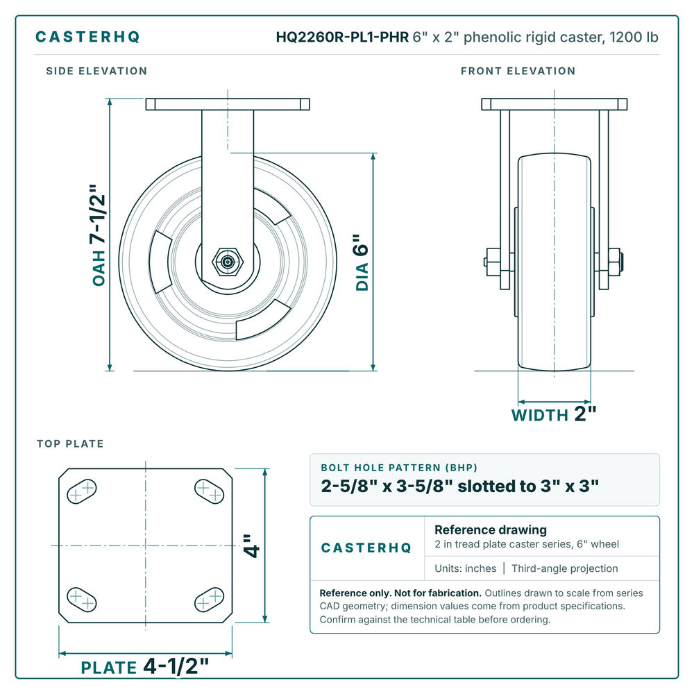 HQ2260R-PL1-PHR 6 x 2 in phenolic rigid caster reference drawing, side, front and top plate views with dimensions
