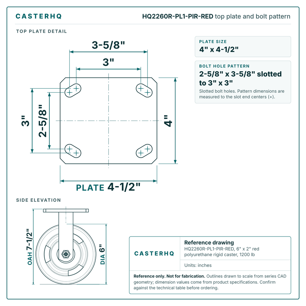 HQ2260R-PL1-PIR-RED top plate bolt pattern drawing, 4 x 4-1/2 in plate, slotted bolt holes