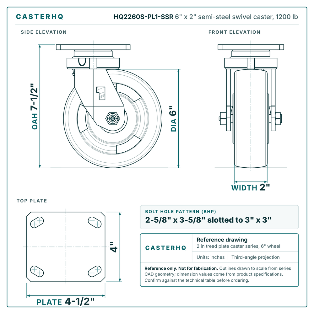HQ2260S-PL1-SSR 6 x 2 in semi-steel swivel caster reference drawing, side, front and top plate views with dimensions