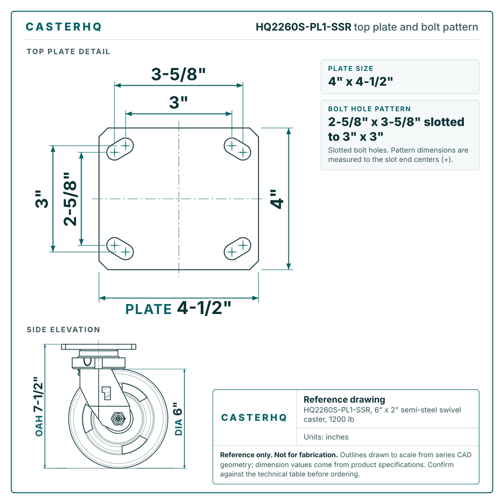 HQ2260S-PL1-SSR top plate bolt pattern drawing, 4 x 4-1/2 in plate, slotted bolt holes