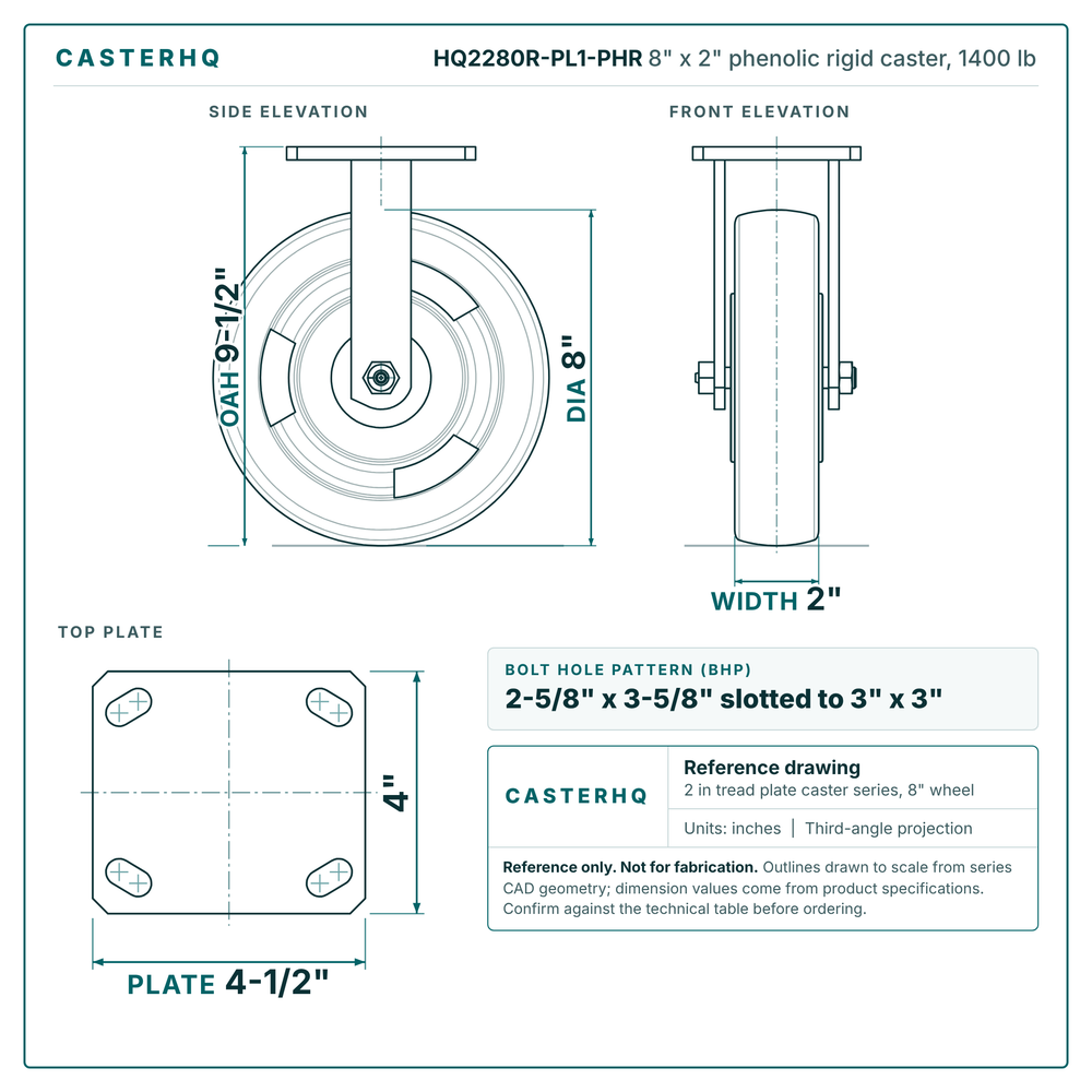 HQ2280R-PL1-PHR 8 x 2 in phenolic rigid caster reference drawing, side, front and top plate views with dimensions