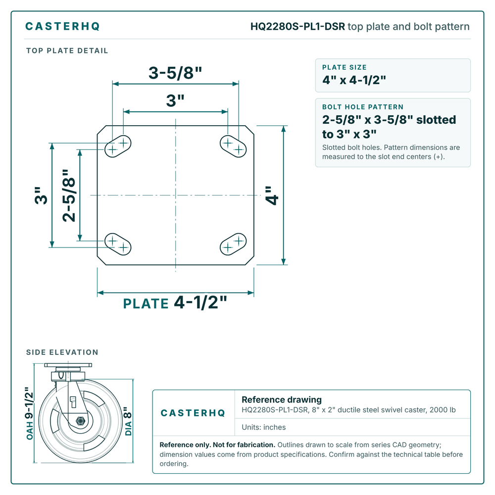 HQ2280S-PL1-DSR top plate bolt pattern drawing, 4 x 4-1/2 in plate, slotted bolt holes