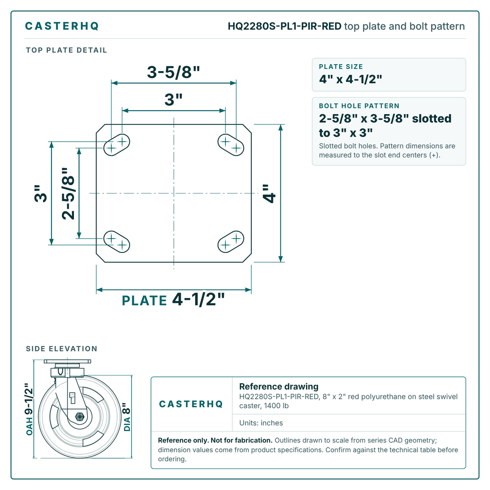 HQ2280S-PL1-PIR-RED top plate bolt pattern drawing, 4 x 4-1/2 in plate, slotted bolt holes