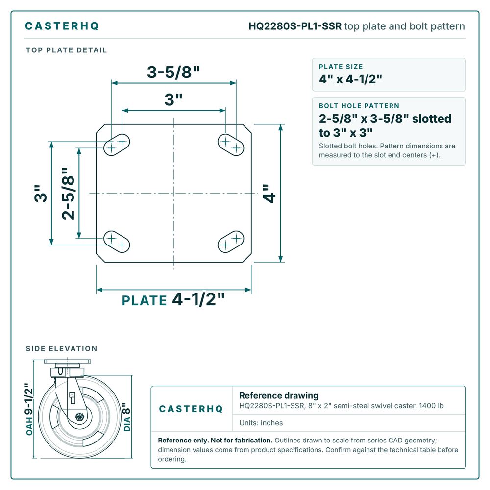 HQ2280S-PL1-SSR top plate bolt pattern drawing, 4 x 4-1/2 in plate, slotted bolt holes